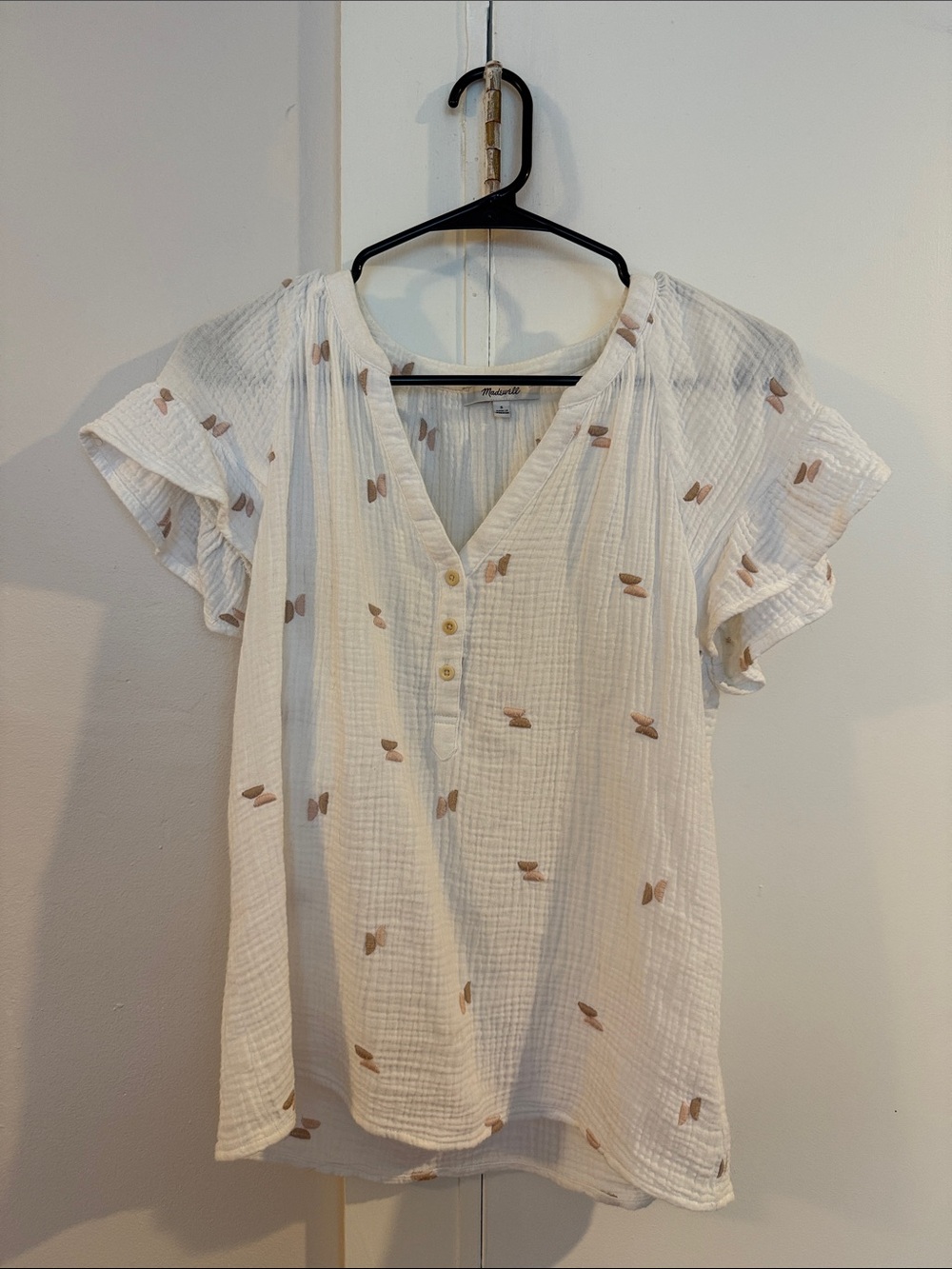 Madewell White V-Neck Flutter Sleeve Blouse with Taupe Dot Print